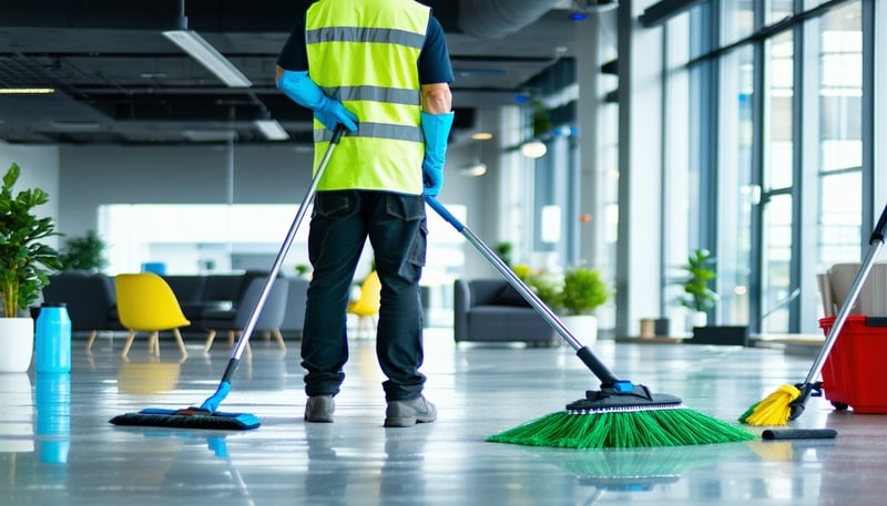 Professional cleaning service in action at a commercial office facility.